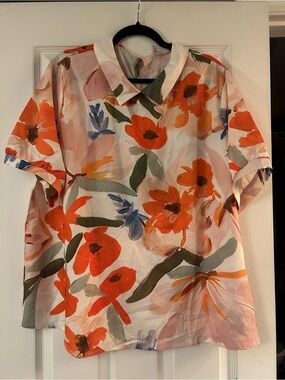 SHEIN Floral Watercolor Short Sleeve Blouse - Orange & Green